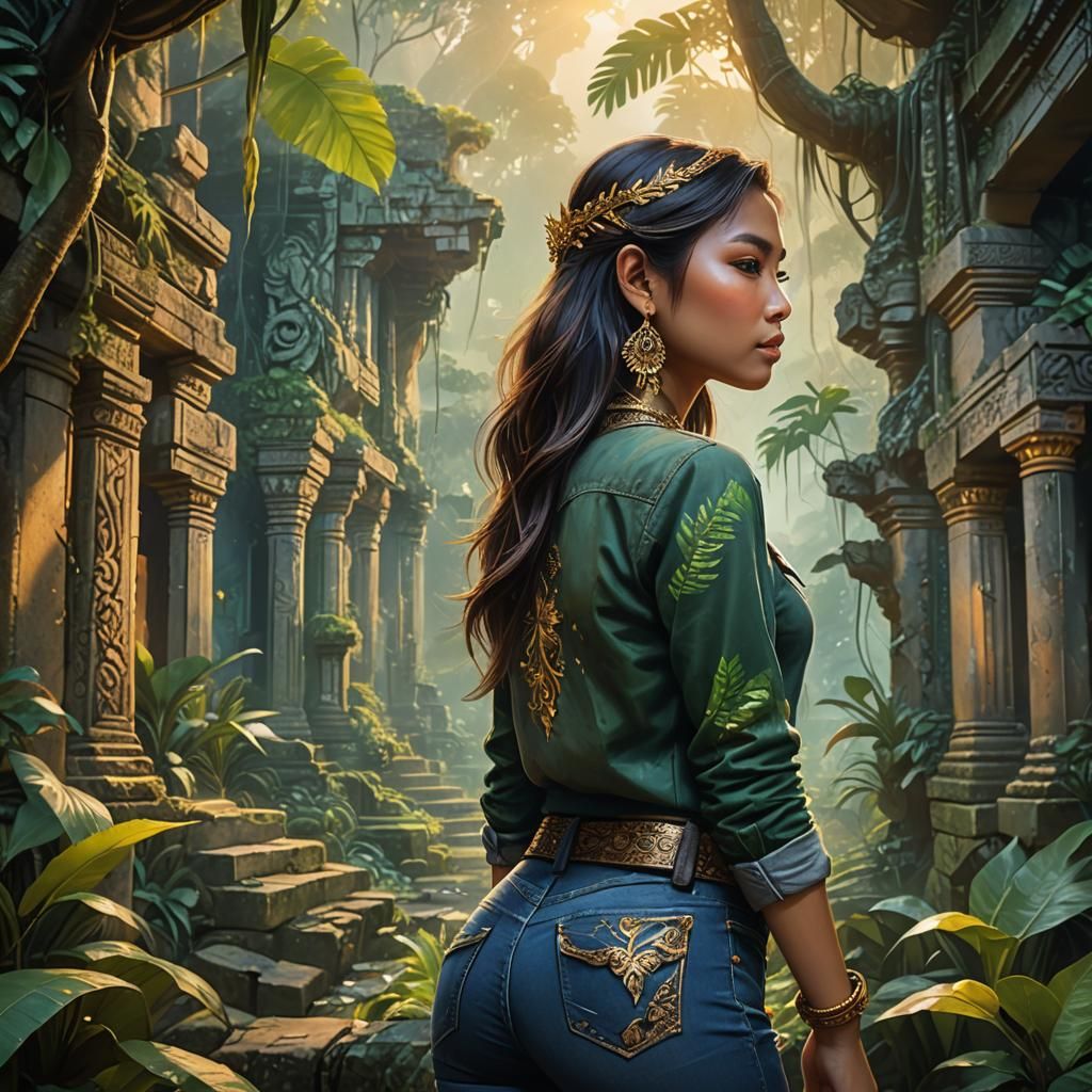 Thai Girl in Jungle Ruins as Oil Painting