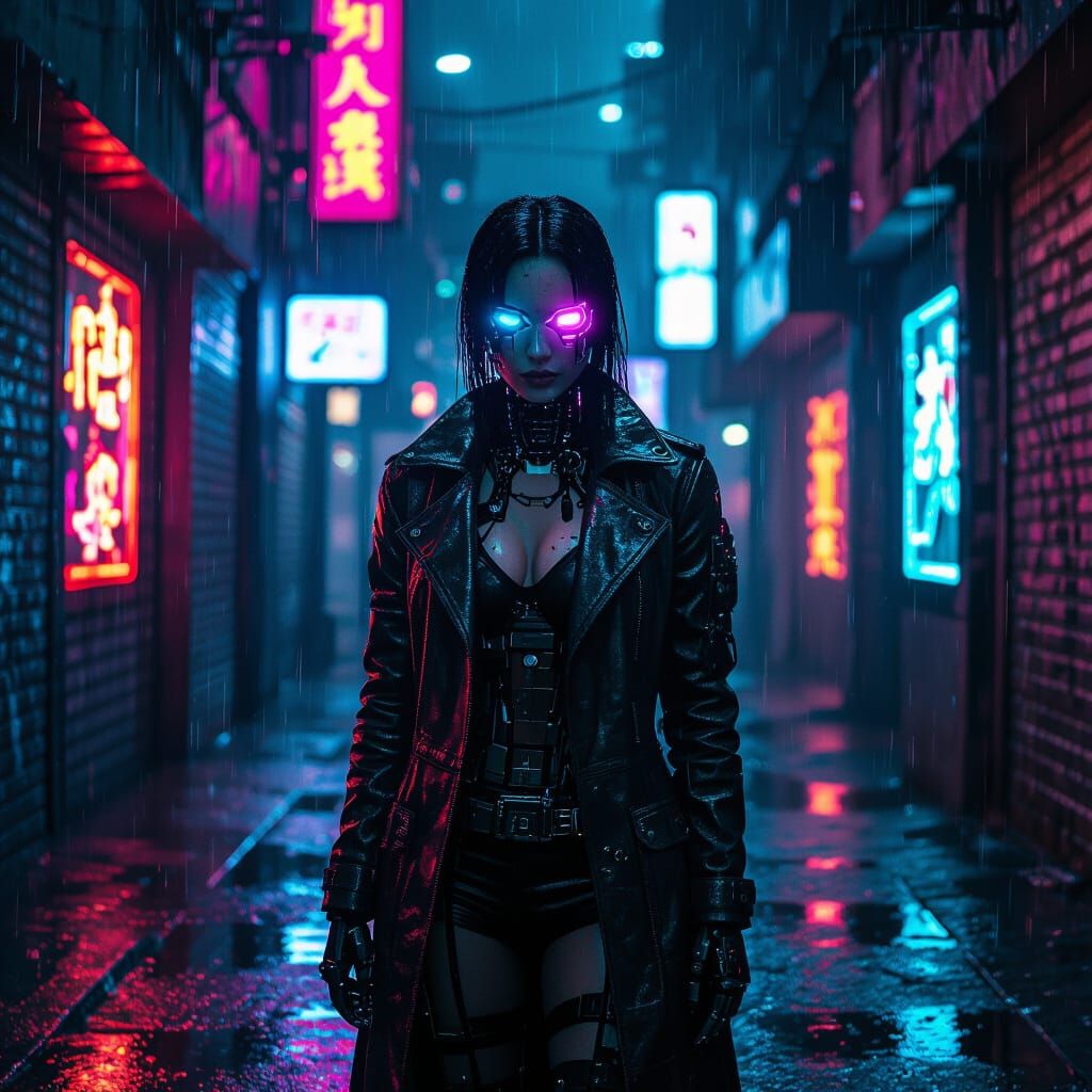Cyborg Woman in Neon Alleyway, Hyper-Realistic Style