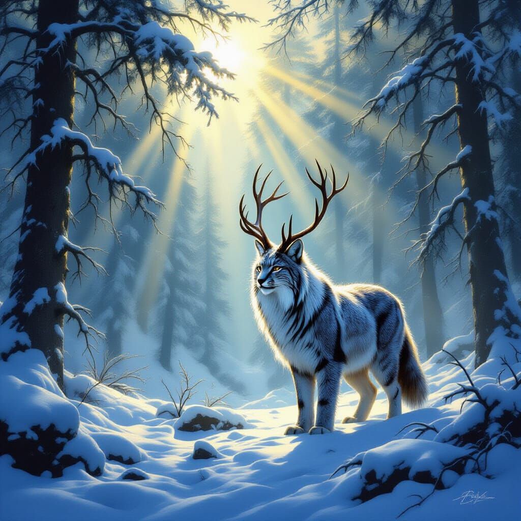 Mystical Lynx-Stag Hybrid in Snowy Sunlit Forest