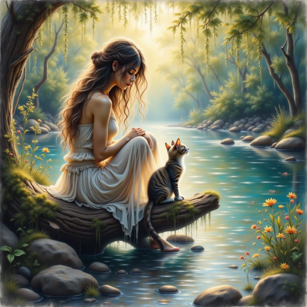 Boho Woman and Cat by River in Dreamy Gradient Landscape