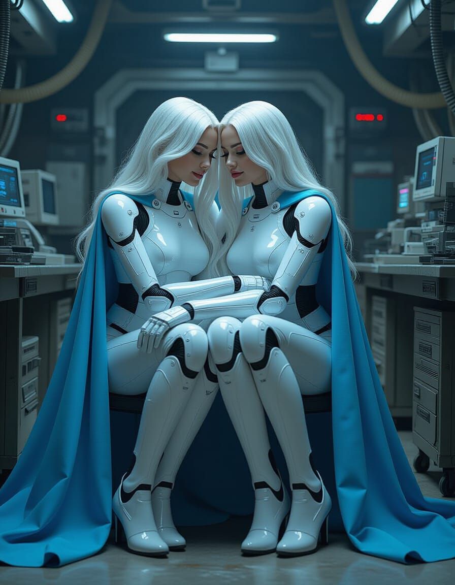 Cybernetic Women Embrace in Abandoned Lab, Cinematic Scene