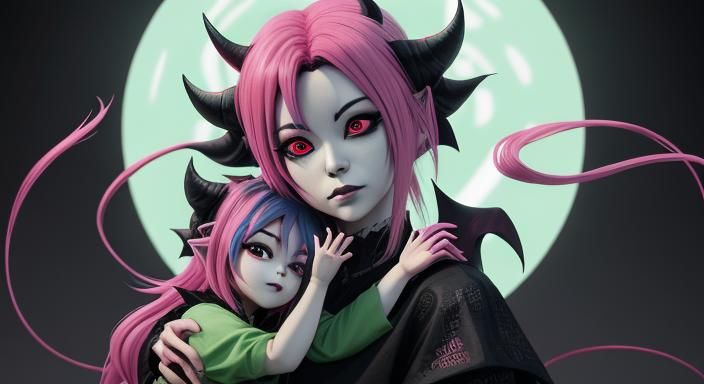 Anime Style Demon Mother and Child Portrait