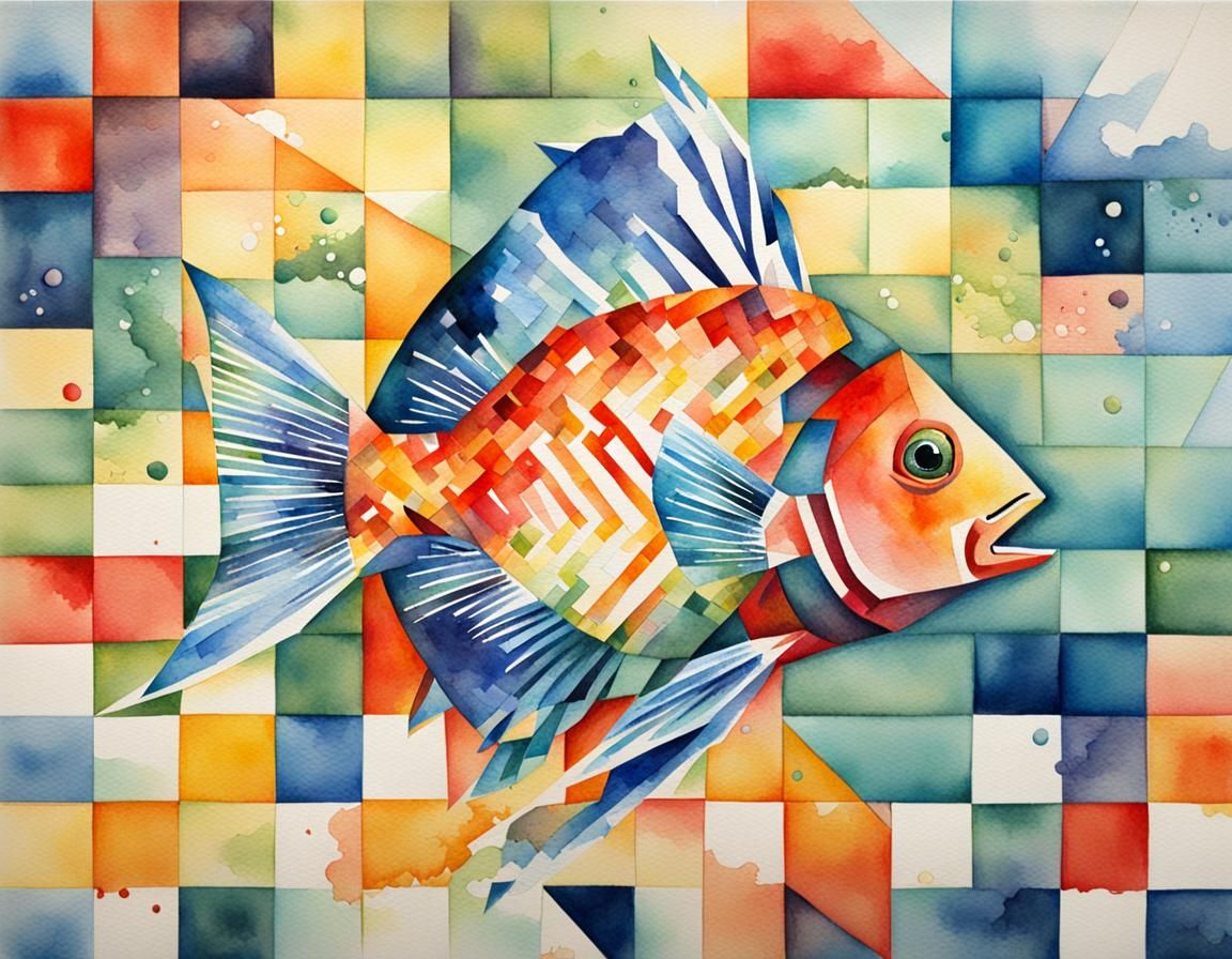 Impressionist Watercolor Fish Exploding Geometrically