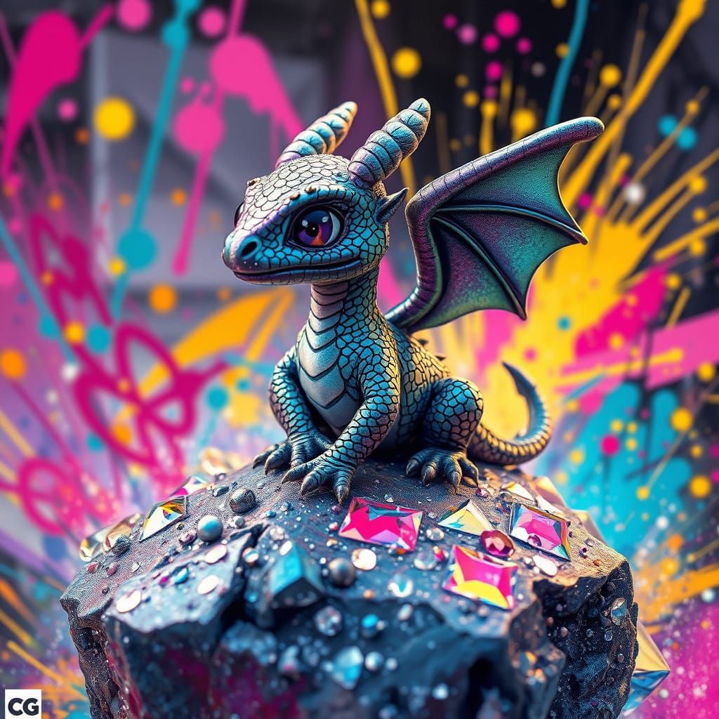 Iridescent Dragon on Diamond Rock in Graffiti Style