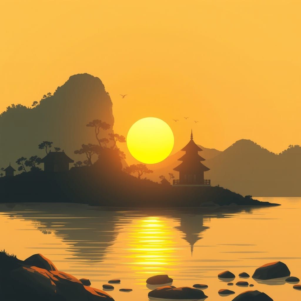 Peaceful River Landscape under Warm Sunlight