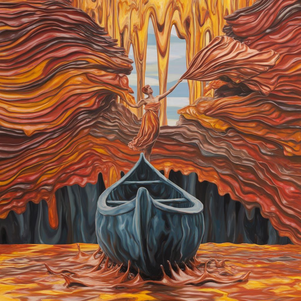 Surreal Woman Stands on a Dynamic Jetty Beside a Colossal Ir...