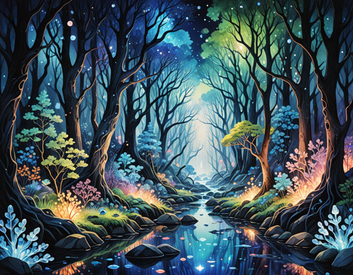 Whimsical Crystal Forest in Vibrant Watercolor