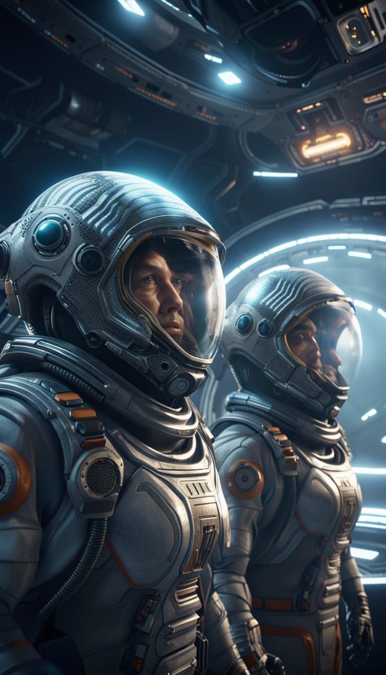 Sci-Fi Spacesuits Before Alien Spaceship, 3D Render