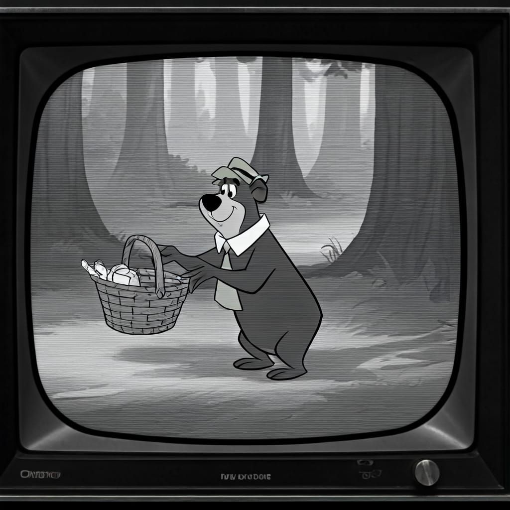 Yogi Bear Reaching for Picnic Basket in Vintage Cartoon Styl...