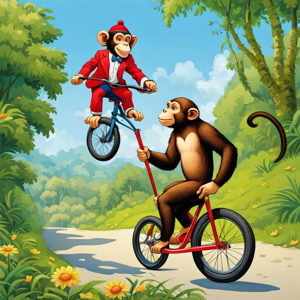 a monkey rides a unicycle