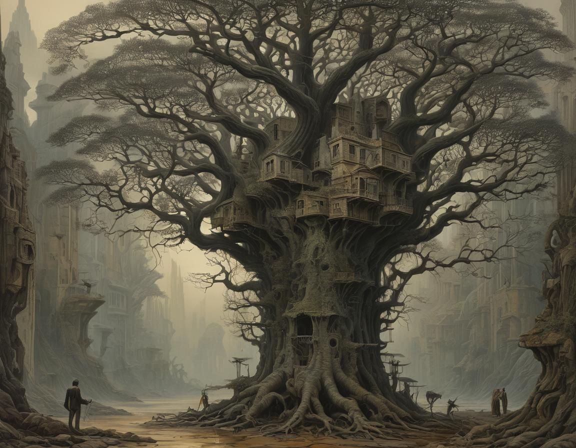 Surreal Tree of Thunder: Escher, Beksinski & Giger Style