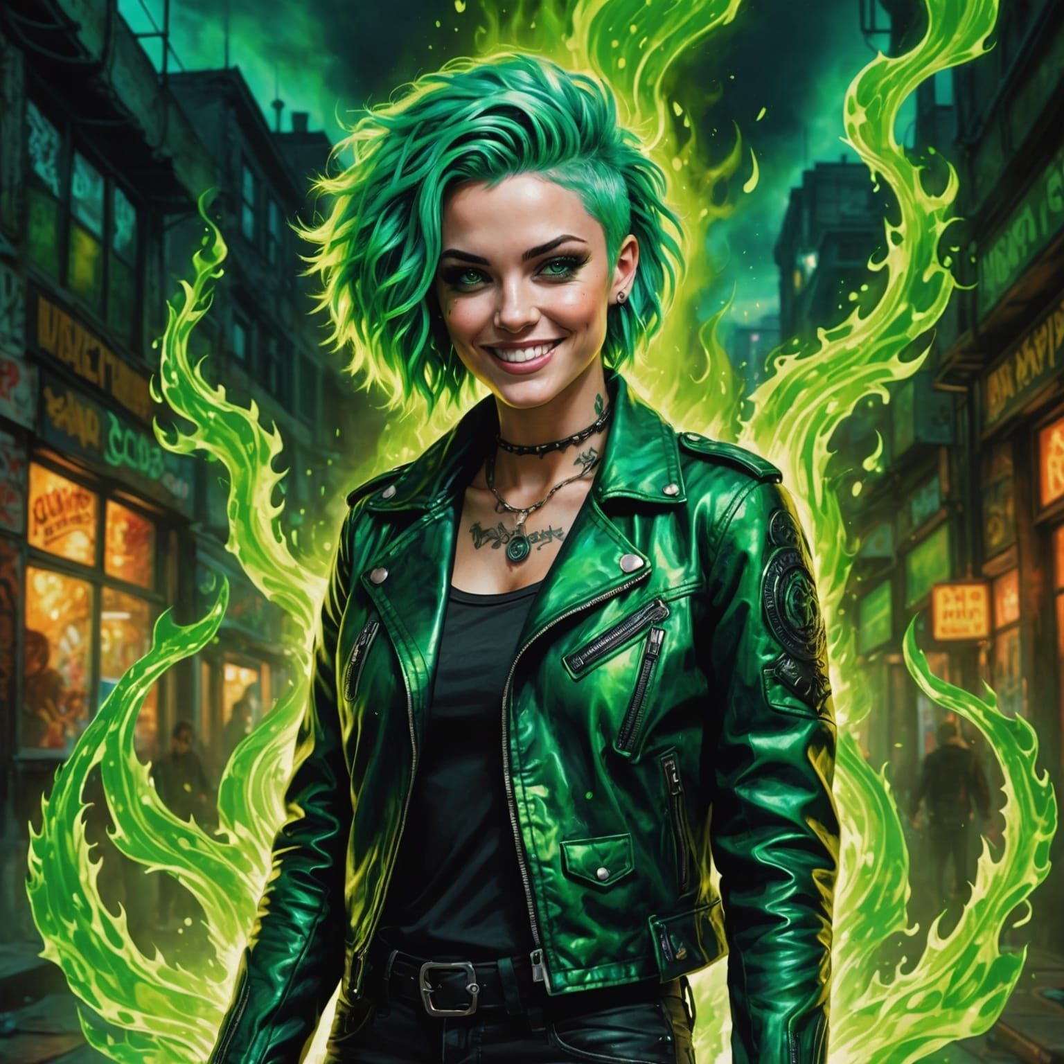 Punk Rock Woman in Green Flames, Alcohol Ink Style