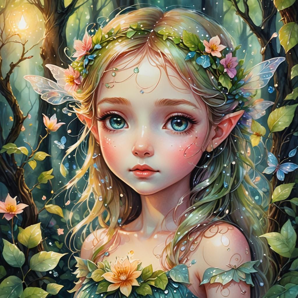 Chibi Fairy Gazing at Glowing Flower in Forest