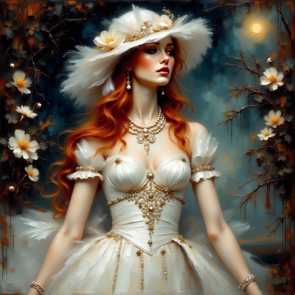 <lora:Impasto-Grunge:1.0> She is a tall beautiful red headed lady. Her wedding gown is silk white, long sleeves, white r...