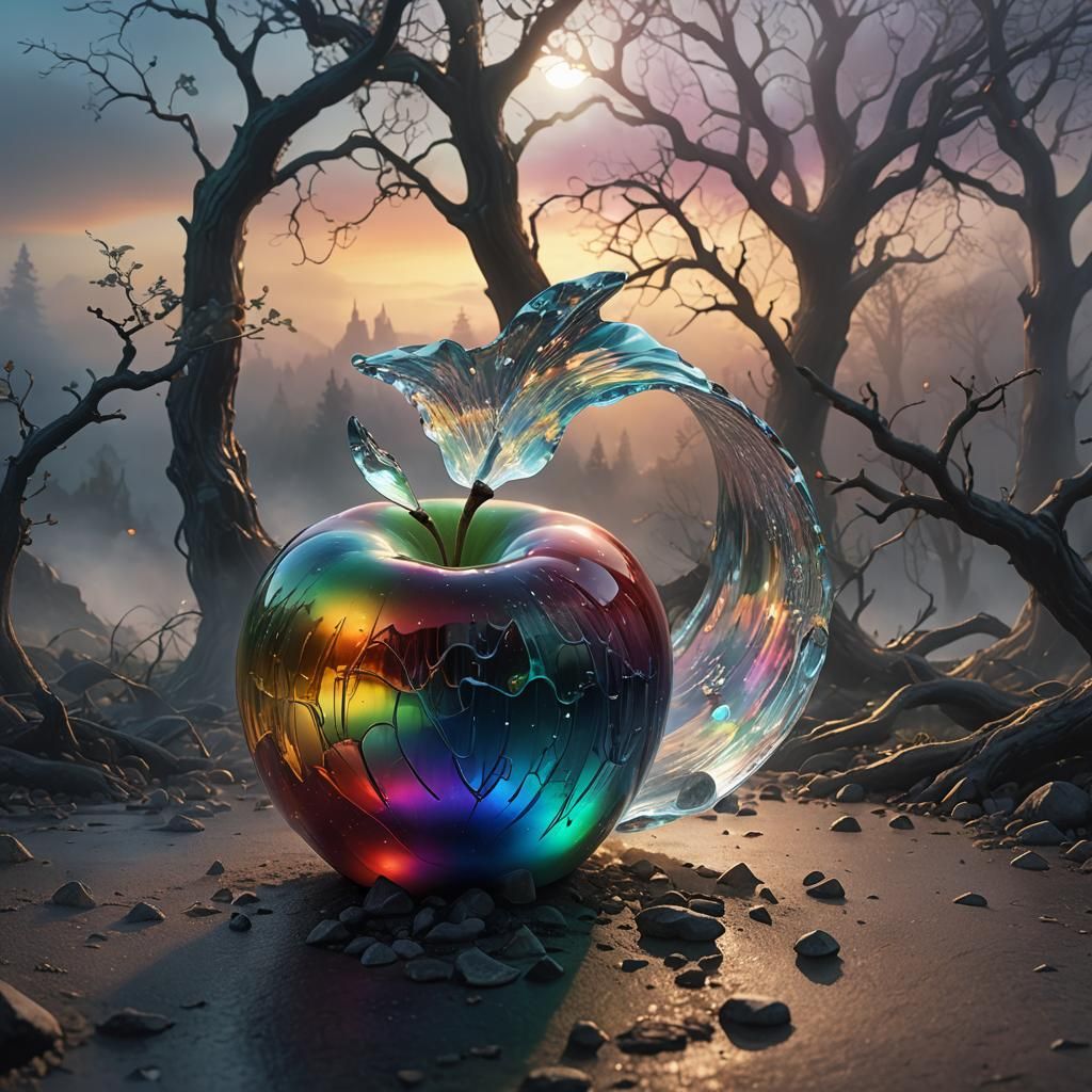 Rainbow Glass Apple in Eerie Landscape