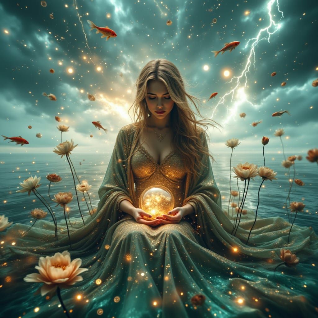 Enchanting Woman in Surreal Mist Robes with Galaxy Orb