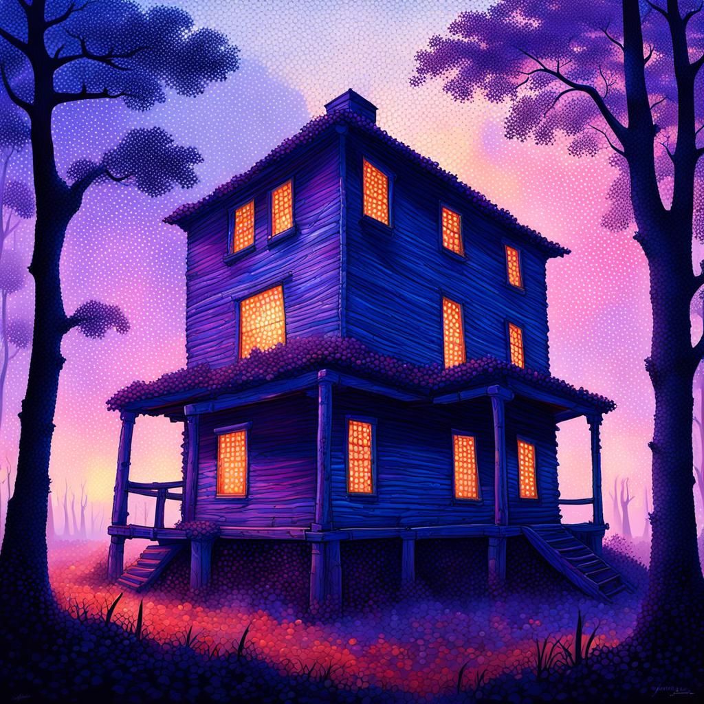 Pointillist Abandoned House in Woods at Dusk