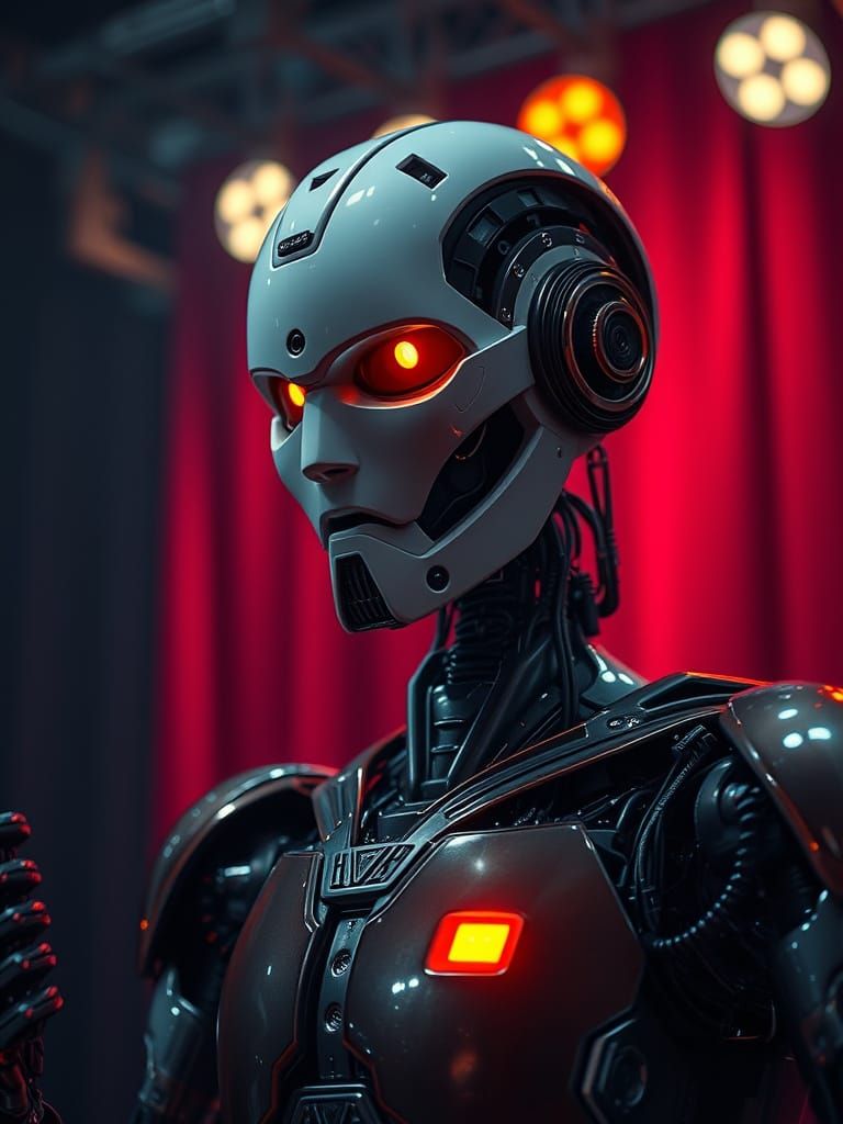 Robot Actor With Low Battery in Dramatic Lighting