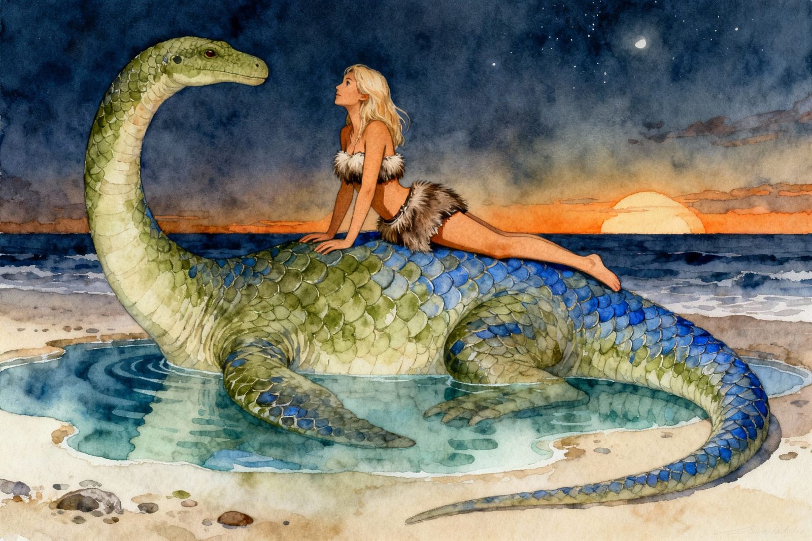 Plesiosaur and Woman Relaxing in Tide Pool