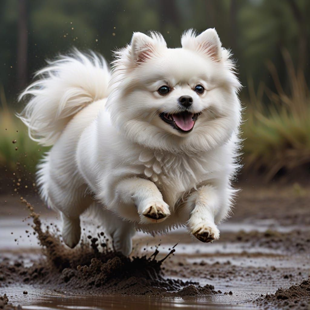 Joyful Pomeranian Leaps into Mud Puddle: Photorealism