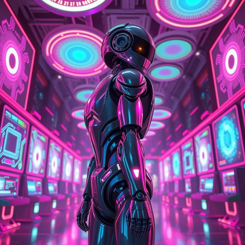 Robot in Neon-Lit Augmented Reality Arcade