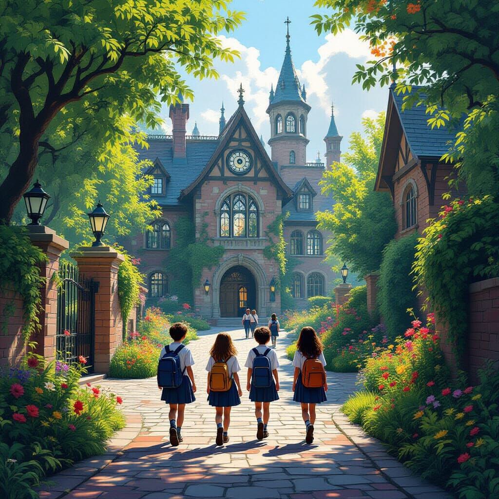 Mystical School Scene in Detailed Matte Painting Style