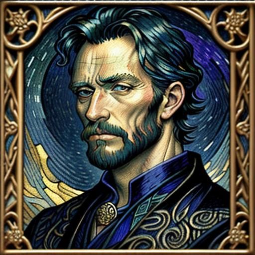 Intense Gaze: Watercolor Portrait with Ornate Border