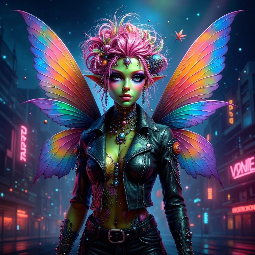 Cyberpunk Fairy in Neon Cityscape
