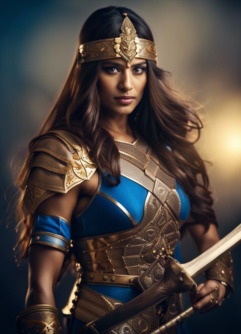 Indian Warrior Queen in Blue and Gold Armor