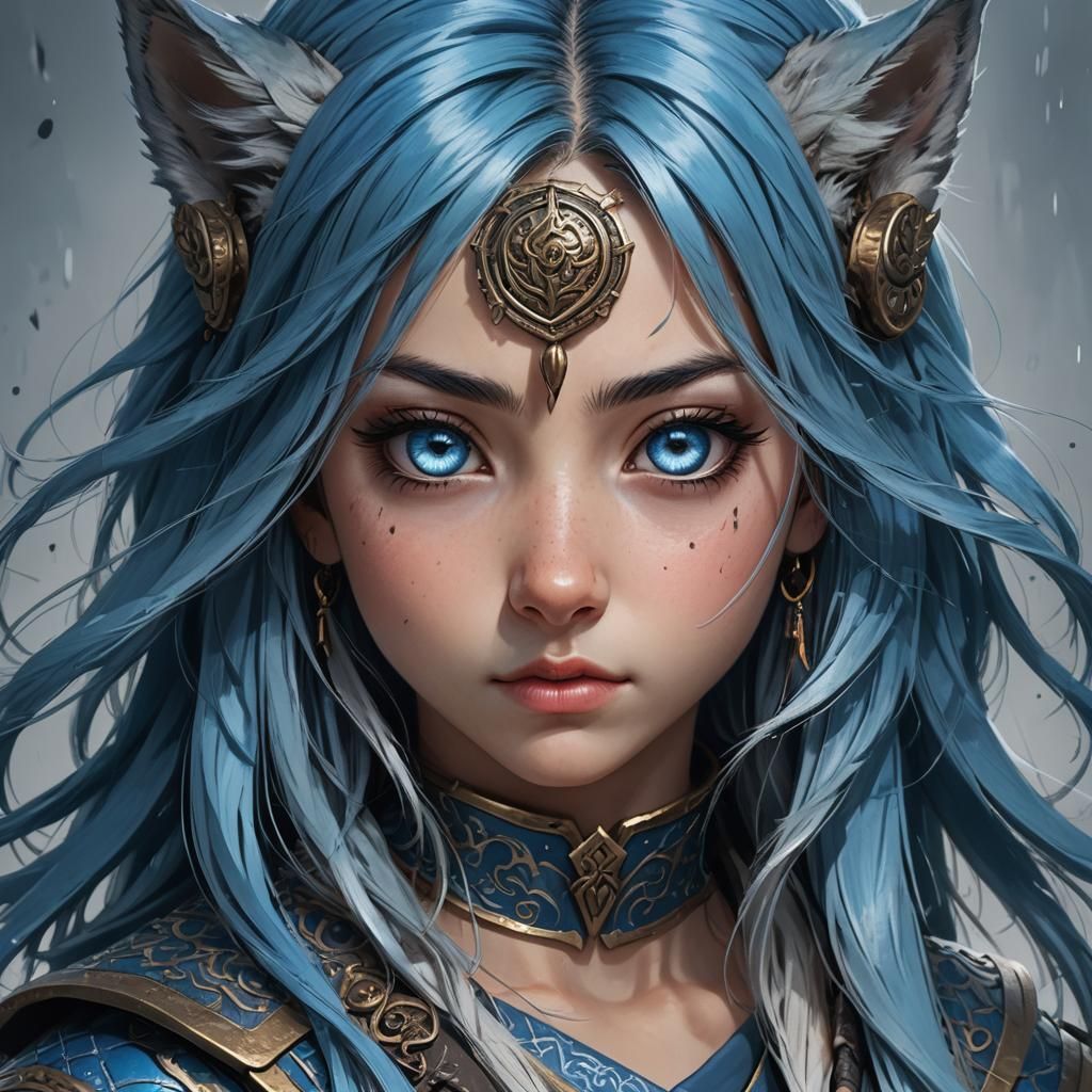 Ninja Girl with Blue Wolf Ears: Fantasy Art