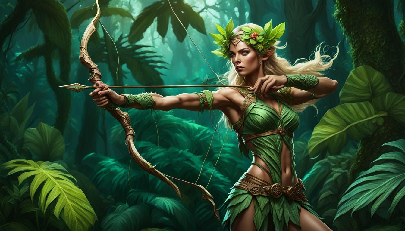 Dryad Drawing a Bow, Dark Fantasy Concept Art