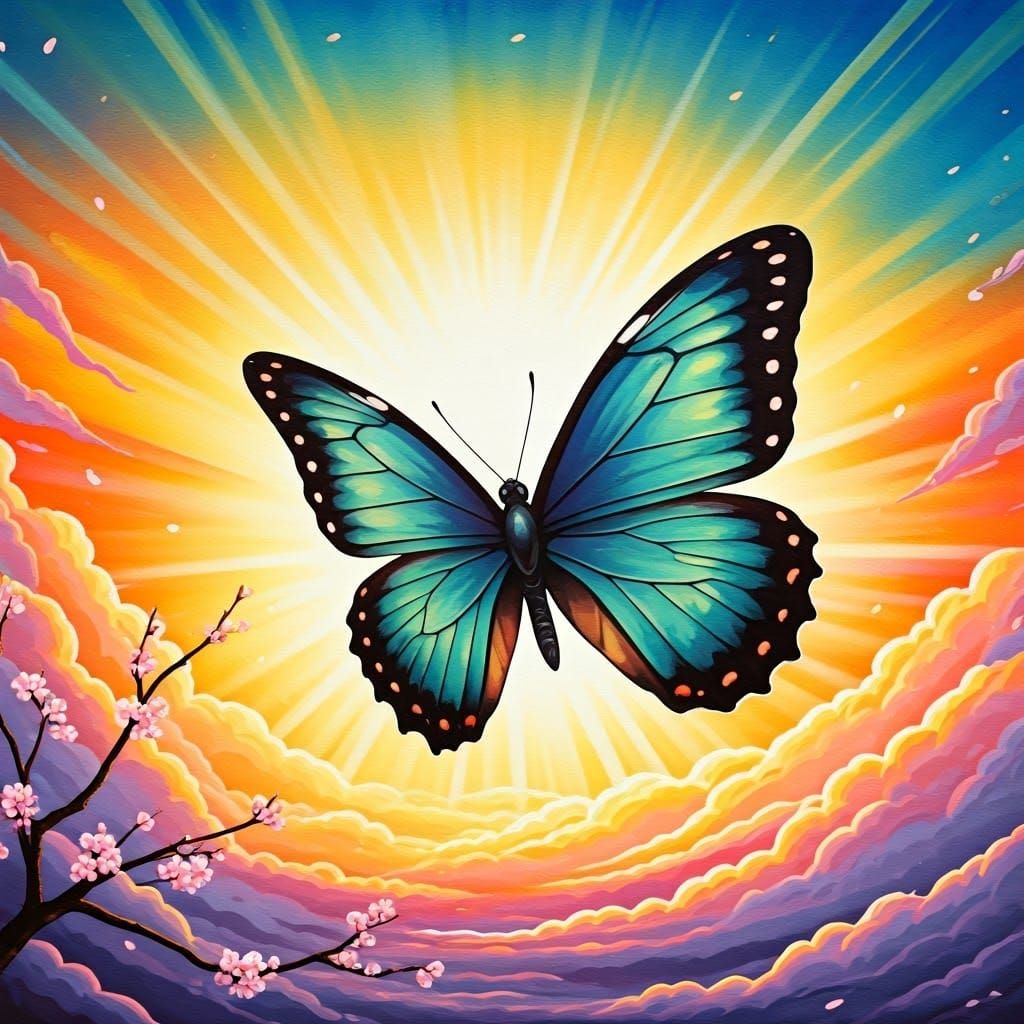 Iridescent Butterfly in Sunrise Graffiti Art
