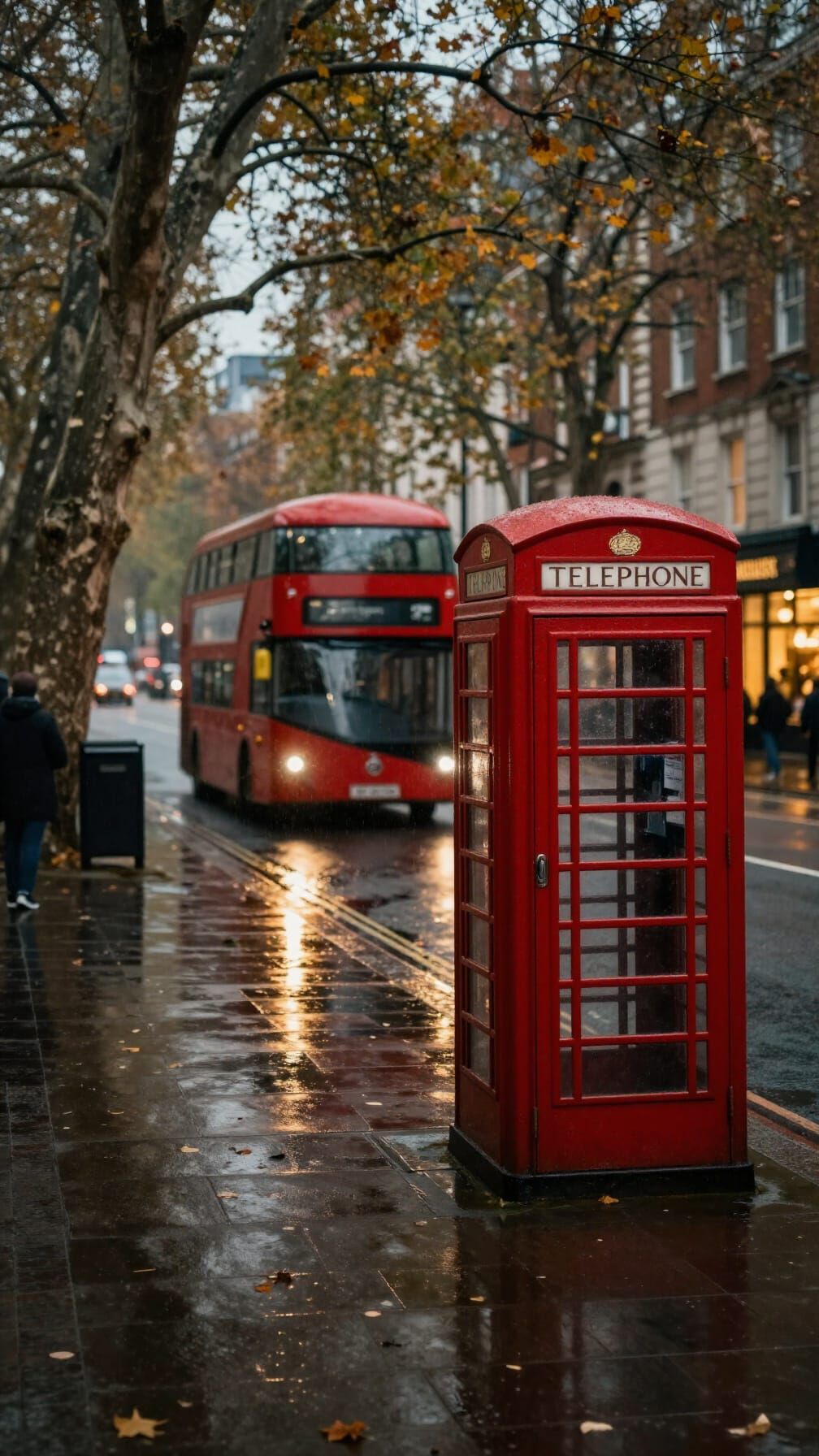 Rainy Autumn London Street with Red Bus and Phone Booth