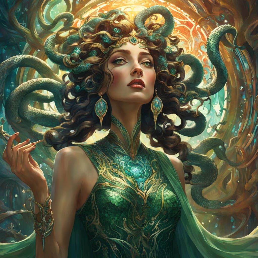 Auroral Medusa with Emerald Scaled Serpents in Art Nouveau S...