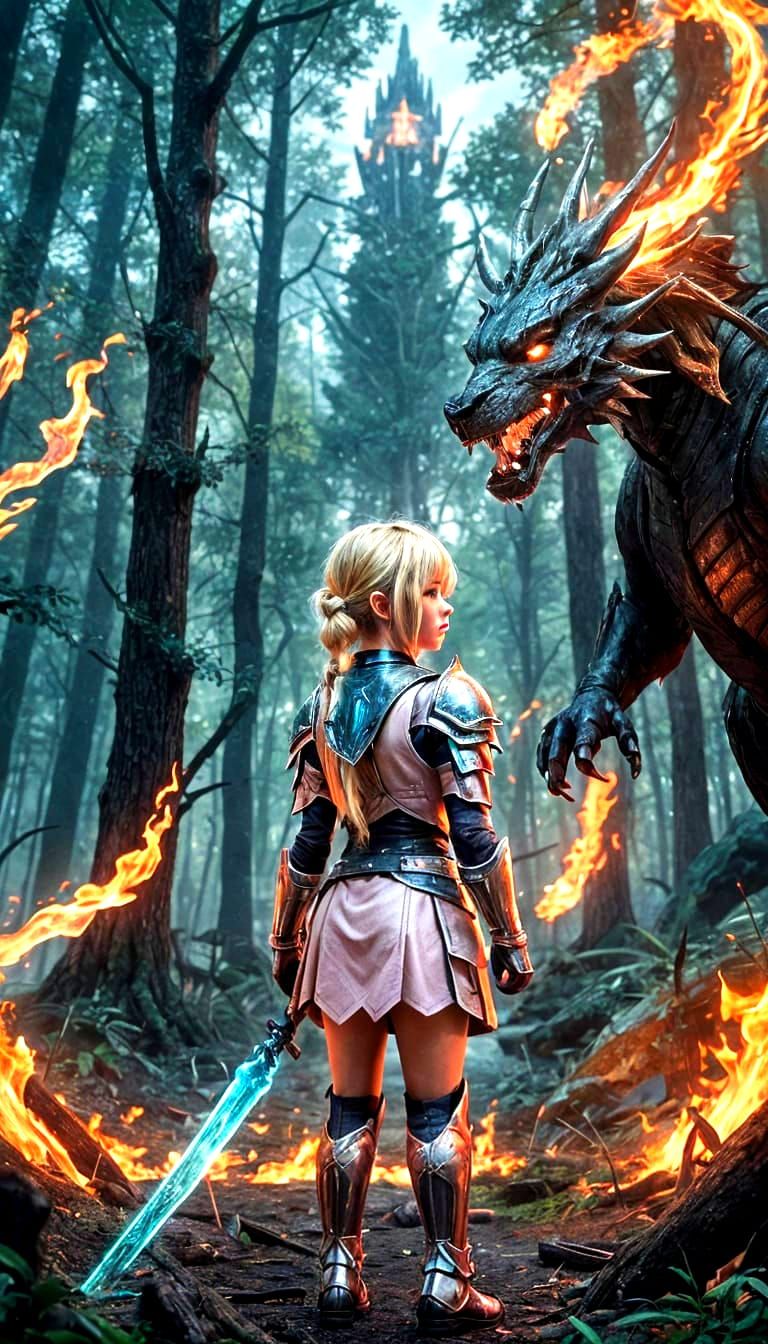 Anime Girl in Dark Forest with Green Fire