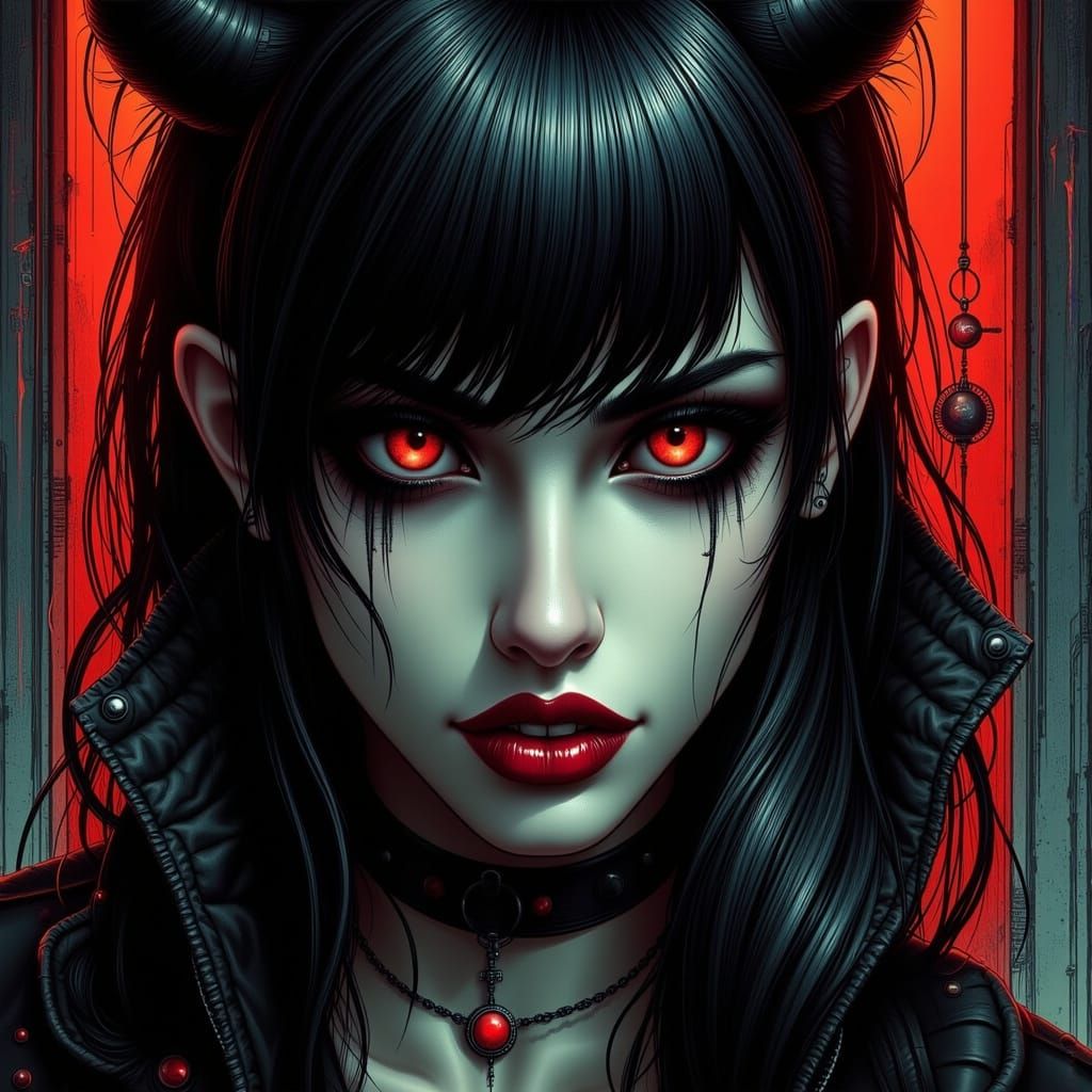 Gothic-Punk Woman with Fiery Eyes in Hyperrealistic Style