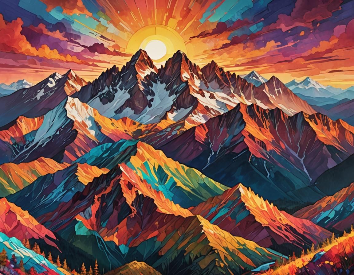 Colorful Mountain Peaks at Sunset in Collage Style