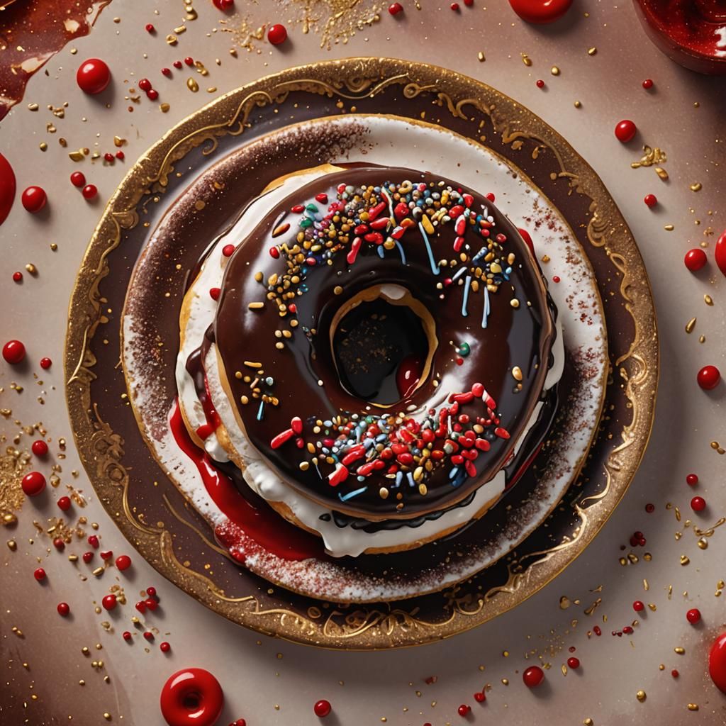 Chocolate and Red Icing Donut on Decorative Plate