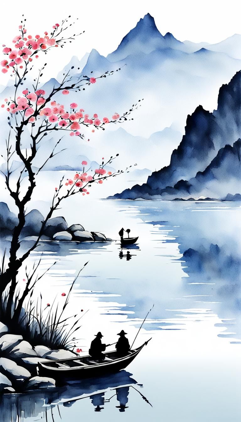 Minimalist Ink Painting of Fisherman on Lake