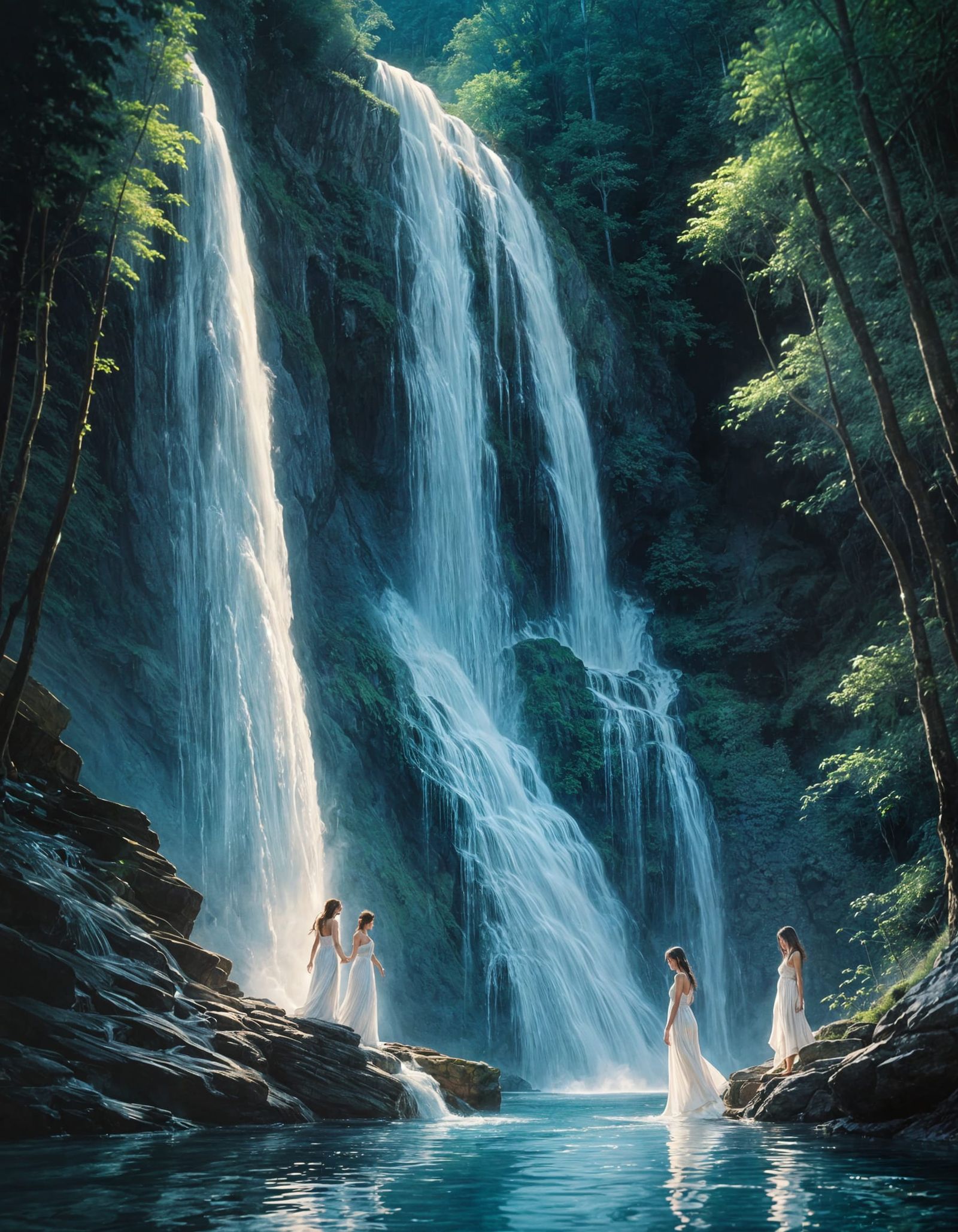 Waterfall Nymphs in a Dreamlike Art Style