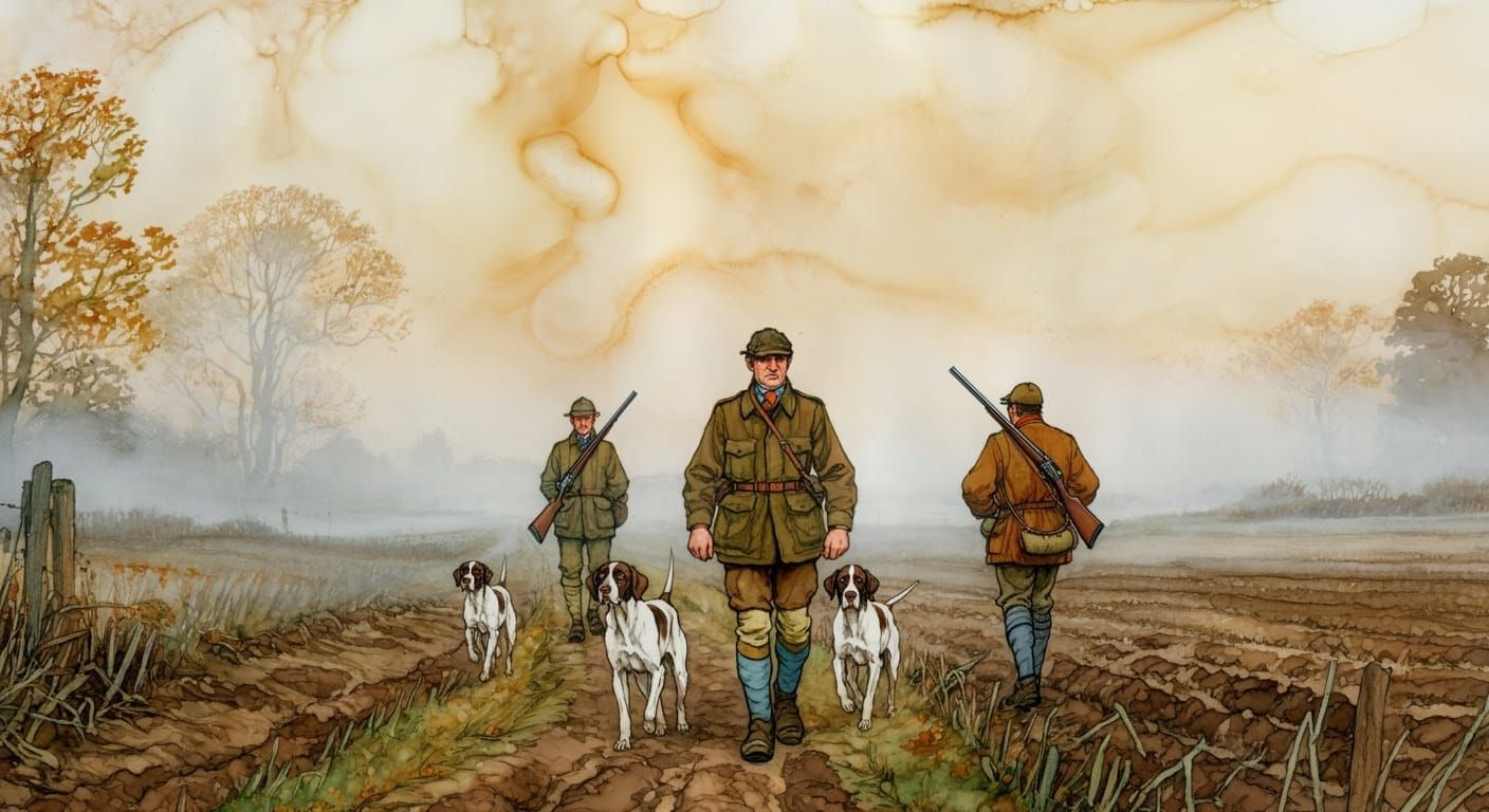 Hunters in a Foggy November Morning Landscape, in a Watercol...