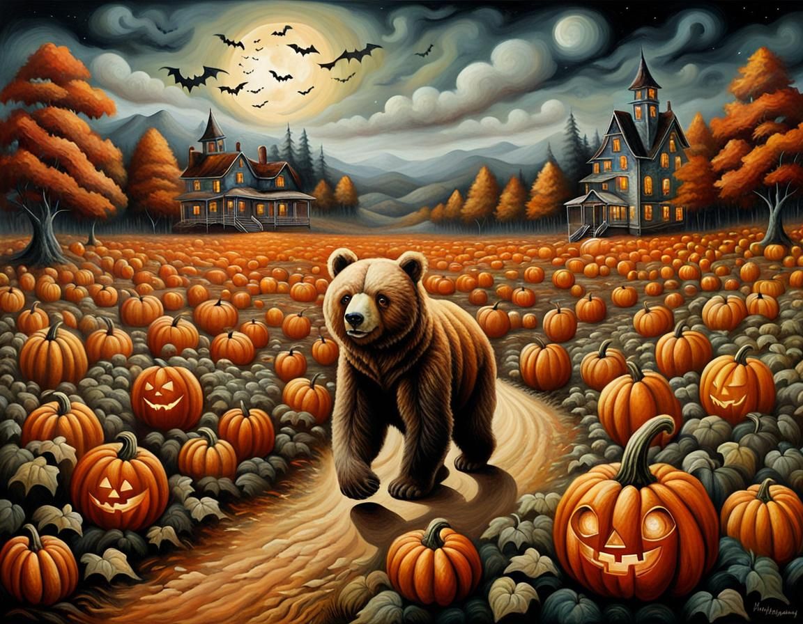 Teddy Bear in Pumpkin Patch, Surreal Art