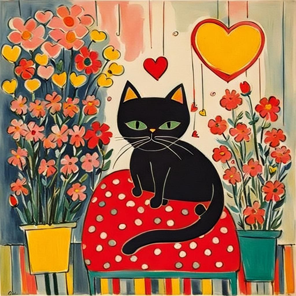 Cute Cat Surrounded by Flowers in Children's Book Illustrati...