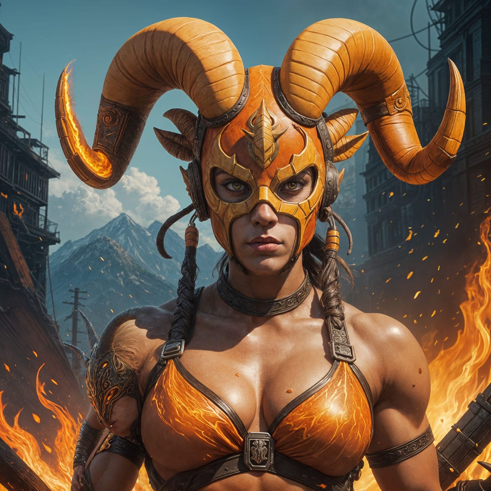 Hyperrealistic Warrior Goddess in Fiery Splendor