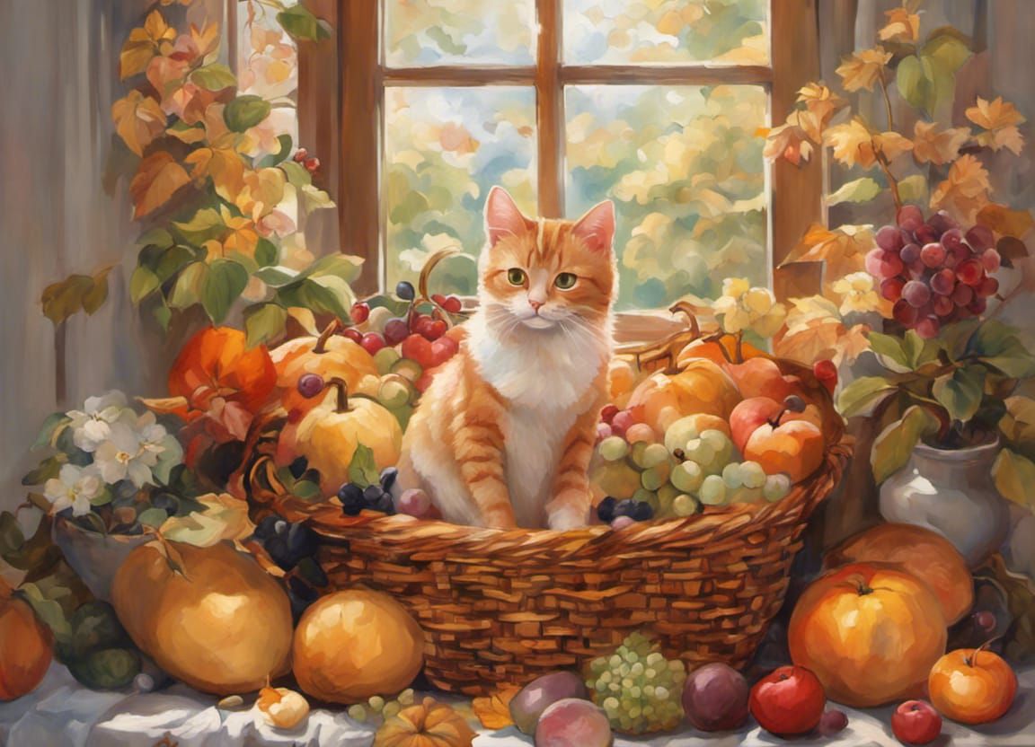 Chibi Tabby Cat Still Life with Autumnal Fruits