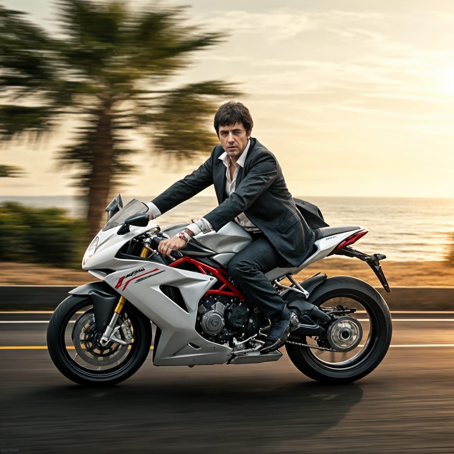 Hyper-realistic 8K cinematic shot of Tony Montana, fully hum...