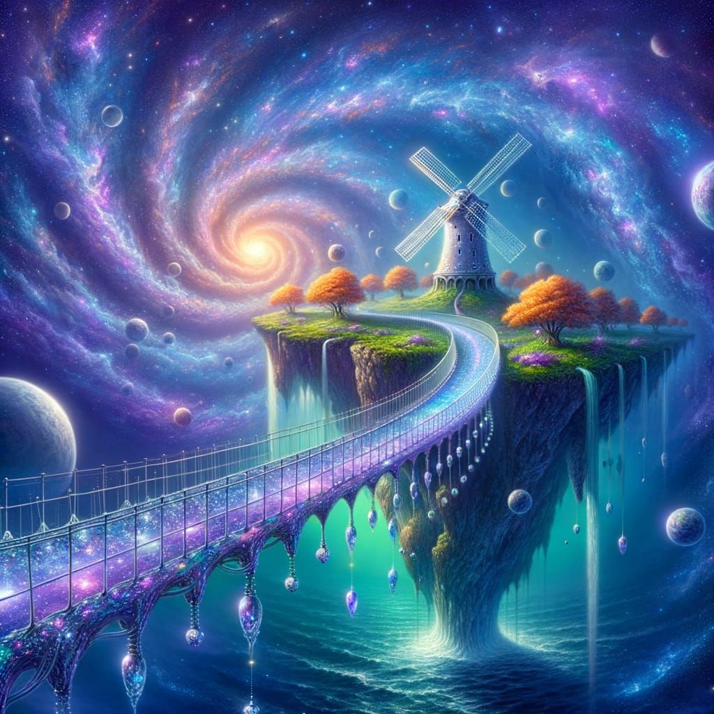 Floating Island with Iridescent Bridge in Space
