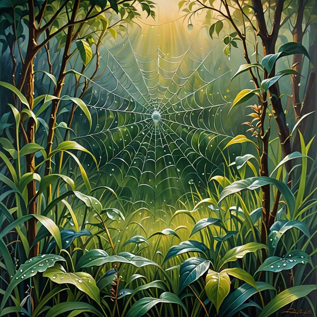 Glittering Dew-Kissed Spider Web: Cubist Surrealism