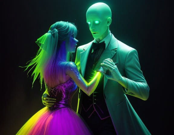 Ominous Golden Hour Ballroom Dance with Spectral Figures