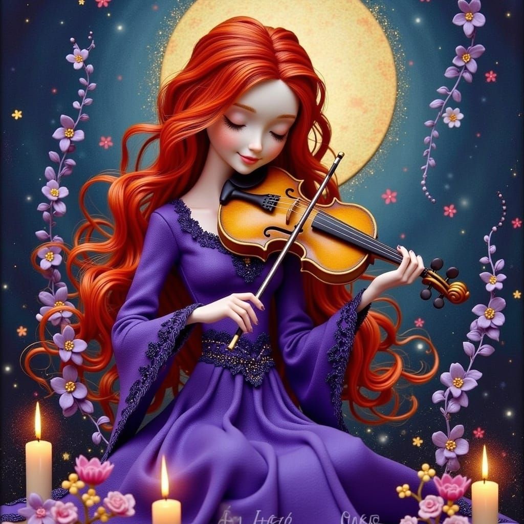 Ethereal Woman with Violin in Dreamlike Illustration Style